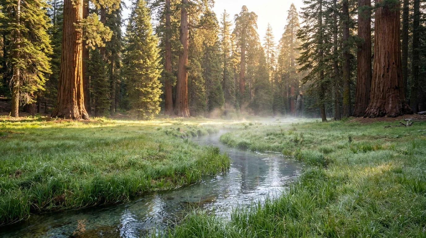 A bright green subalpine meadow ringed by giant sequoias and conifers with a meandering thread of water through the grass, still morning light with faint mist rising, Crescent Meadow Sequoia National Park California, ultrarealistic photograph representative of the region