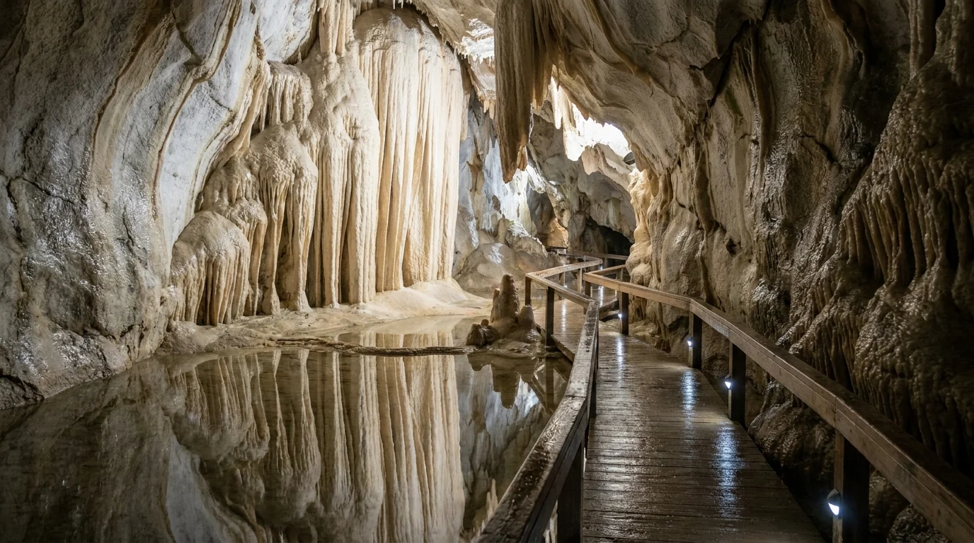 The interior of a marble cavern lit softly, pale flowing rock draperies and stalactites reflected in a still shallow pool, cool damp stone textures and a narrow guided walkway, Crystal Cave Sequoia National Park California, ultrarealistic photograph representative of the region