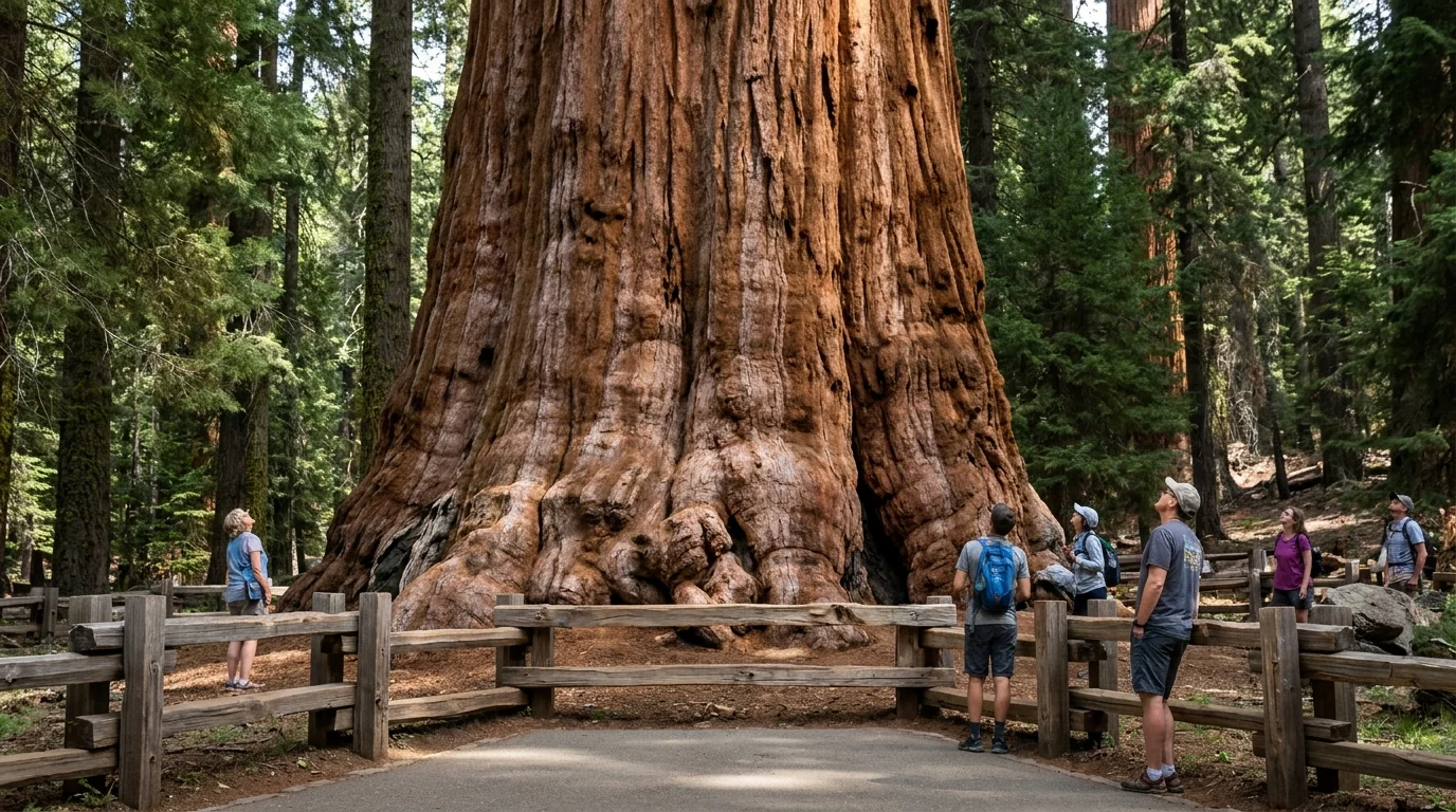 The base of a single enormous giant sequoia trunk with deeply furrowed reddish-brown bark filling the frame, a low wooden viewing rail and visitors dwarfed at the base, dappled forest light, General Sherman Tree Sequoia National Park California, ultrarealistic photograph representative of the region