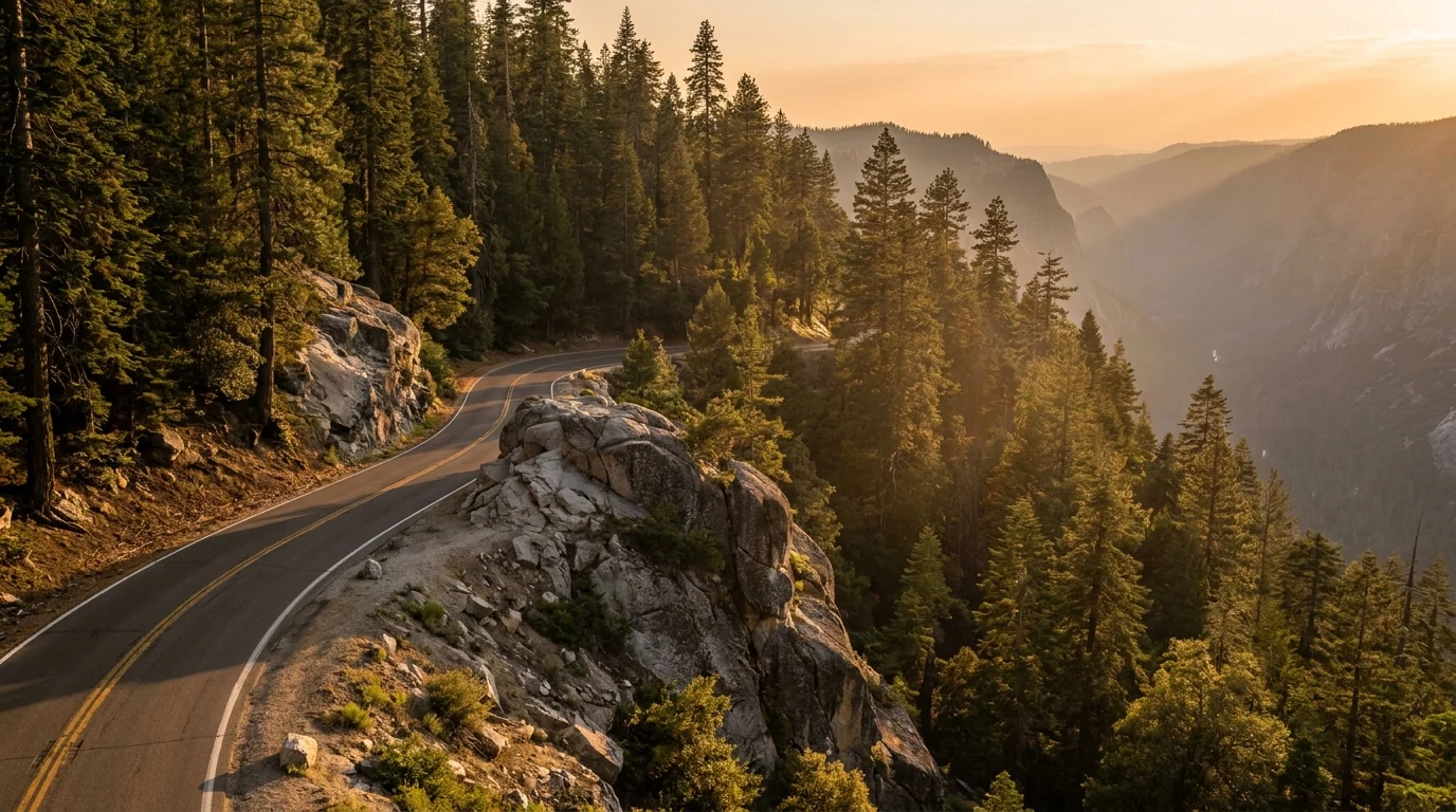 A narrow two-lane mountain road curving through a tight switchback on a steep forested slope with a granite outcrop and a hazy valley beyond, no guardrail on one side, warm afternoon light, the Generals Highway Sequoia National Park California, ultrarealistic photograph representative of the region