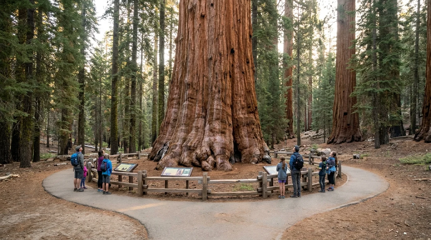An immense broad-based giant sequoia with a fire-scarred reddish trunk standing in a snow-free grove, a paved accessible loop path and a small interpretive area at its foot, families looking up, soft filtered light, General Grant Tree Grant Grove Kings Canyon National Park California, ultrarealistic photograph representative of the region