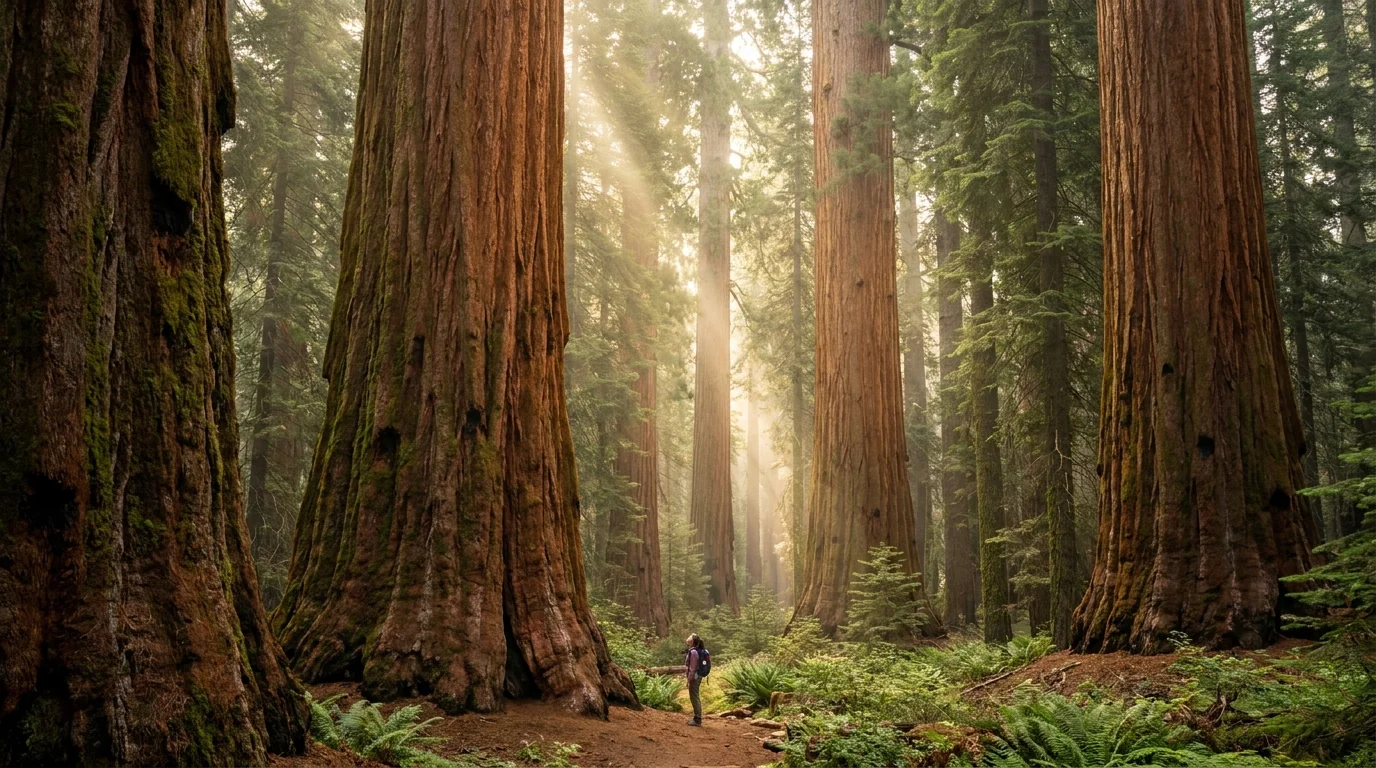 A grove of enormous cinnamon-red giant sequoia trunks rising into a green canopy with soft shafts of morning light, a tiny figure on a path for scale, Giant Forest Sequoia National Park California, ultrarealistic photograph representative of the region