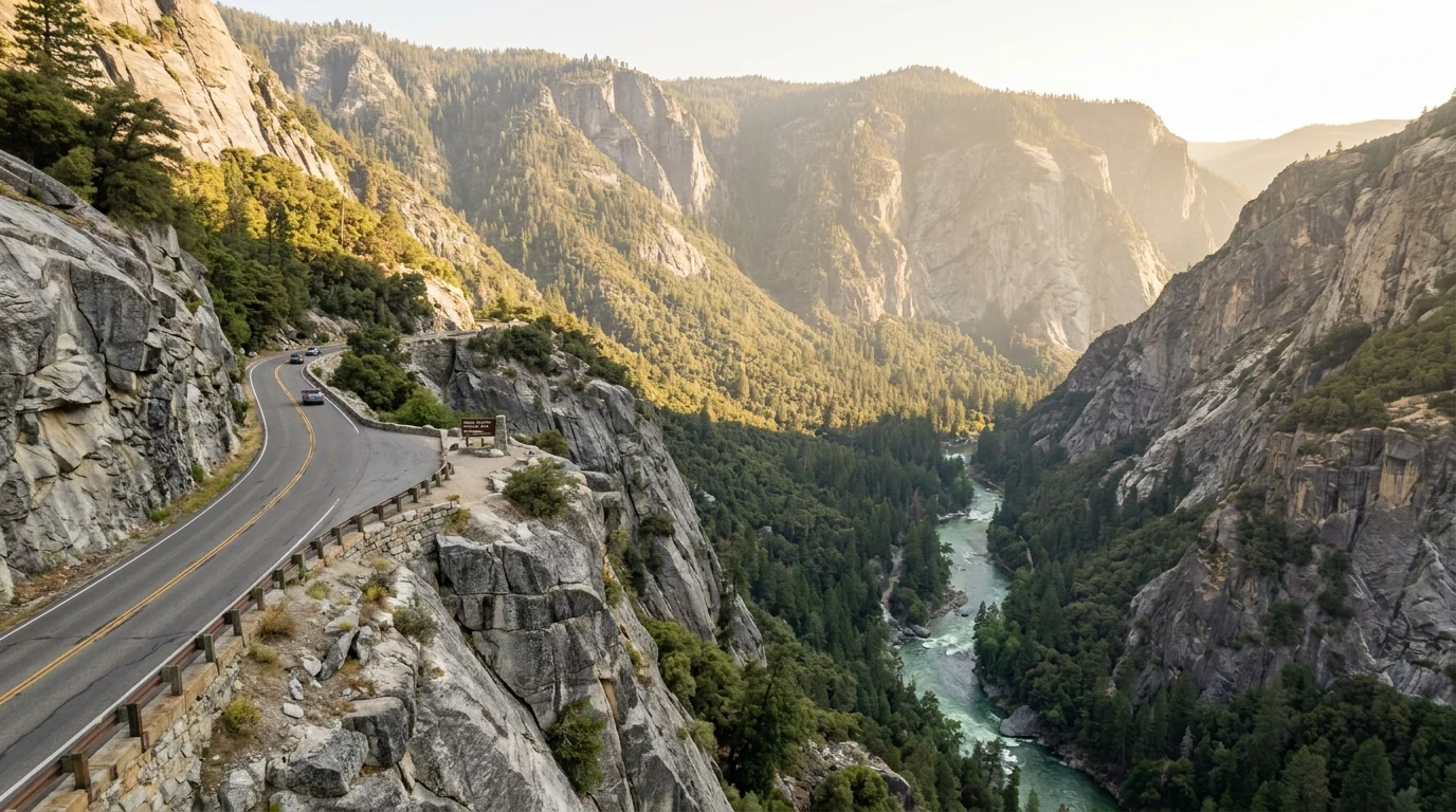 A winding highway carved into a steep canyon wall high above a green river far below, layered gray granite cliffs and forested slopes plunging into a deep canyon, hazy afternoon depth, Kings Canyon Scenic Byway Highway 180 California, ultrarealistic photograph representative of the region