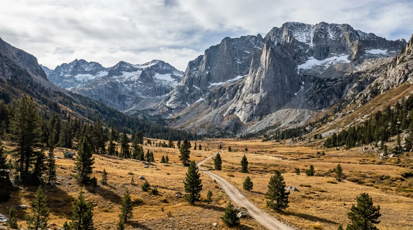 A remote glacially carved high mountain valley of golden meadows and scattered pines beneath steep gray granite peaks with lingering snow patches, a rough narrow dirt road threading in, cold clear alpine light, Mineral King Valley Sequoia National Park California, ultrarealistic photograph representative of the region