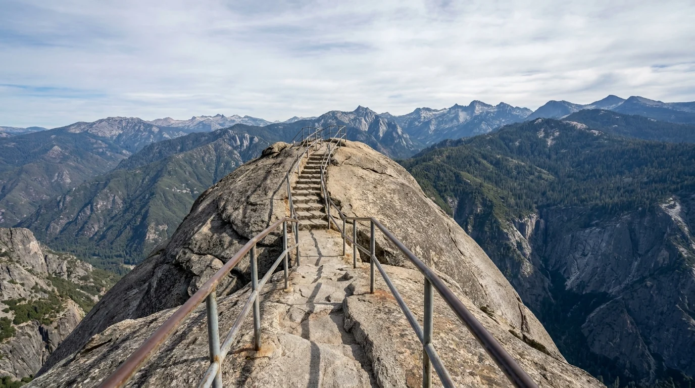 A carved stone stairway with metal railings climbing across a bare granite dome to a summit, a vast view of forested ridges and jagged distant peaks under a wide sky, exposed drop-offs and clear high-altitude light, Moro Rock Sequoia National Park California, ultrarealistic photograph representative of the region