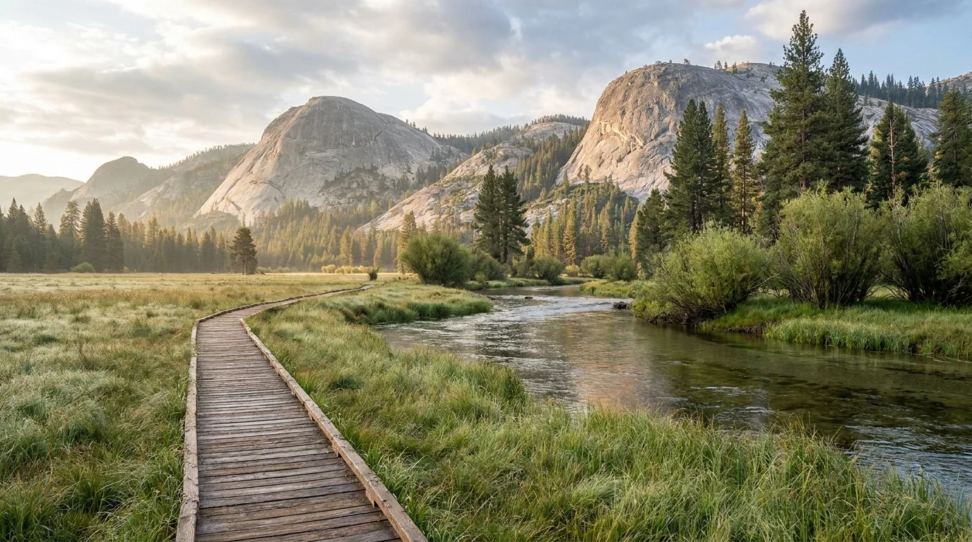 A lush riverside meadow on a canyon floor backed by huge rounded granite domes, a clear cold river curving past willows and pines, a boardwalk trail through tall grass, calm morning light, Zumwalt Meadow Cedar Grove Kings Canyon National Park California, ultrarealistic photograph representative of the region