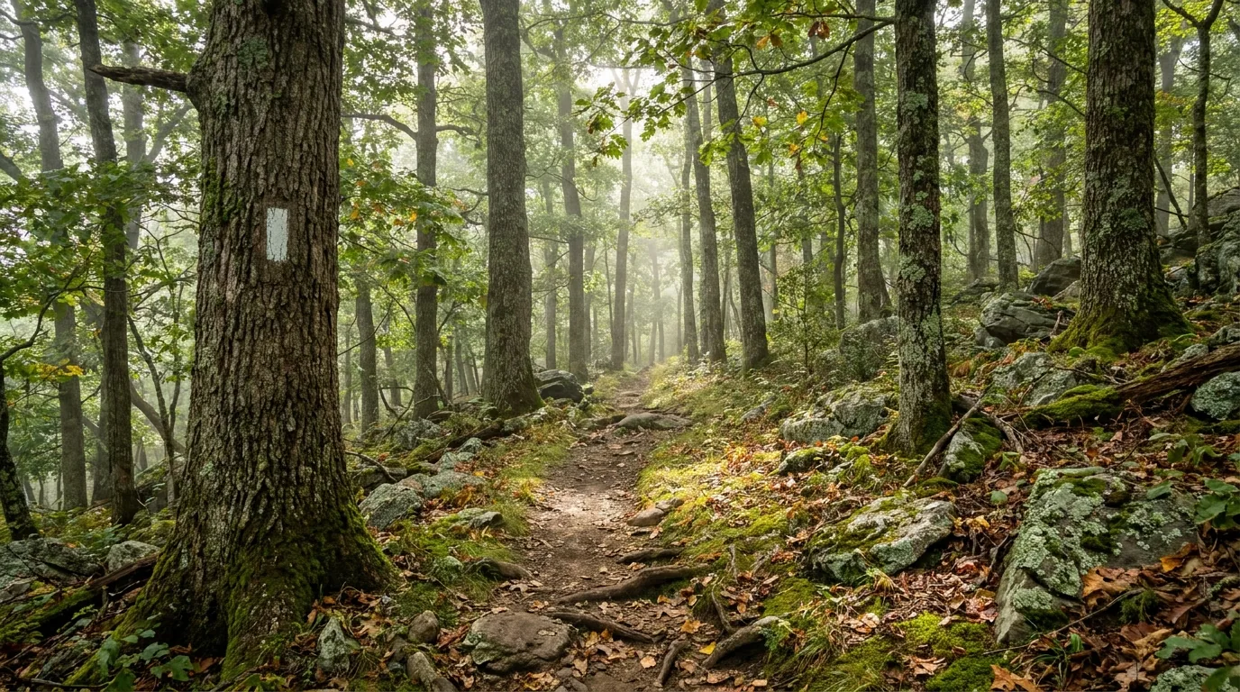 A narrow footpath winding through mossy rocky hardwood forest along a mountain ridge with a white blaze painted on a tree trunk, dappled morning light and leaf litter, Appalachian Trail in Shenandoah National Park Virginia, ultrarealistic photograph representative of the region