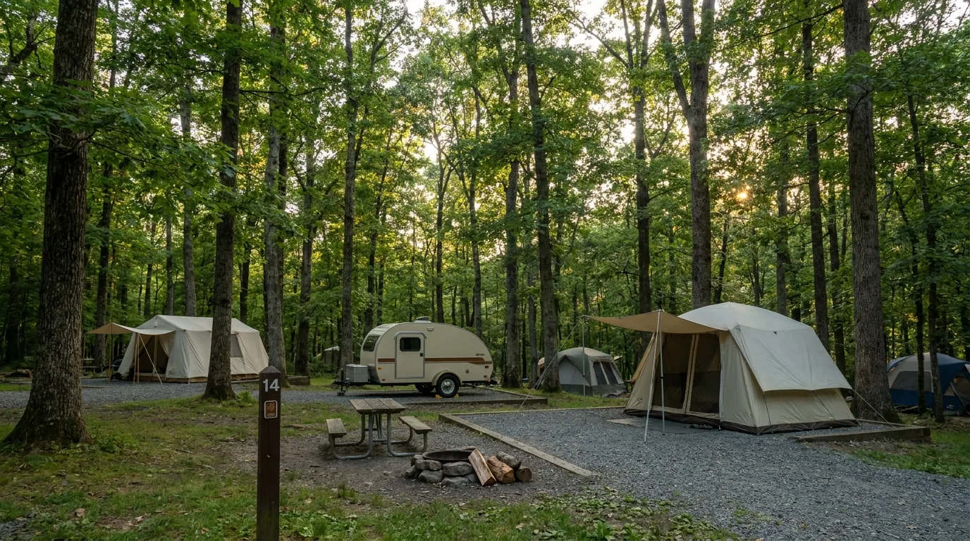 A forested national park campground loop with tents and a small camper van among tall oaks, a numbered site post, picnic table and fire ring, no electrical hookups, warm late afternoon light through the canopy, Shenandoah National Park Virginia, ultrarealistic photograph representative of the region