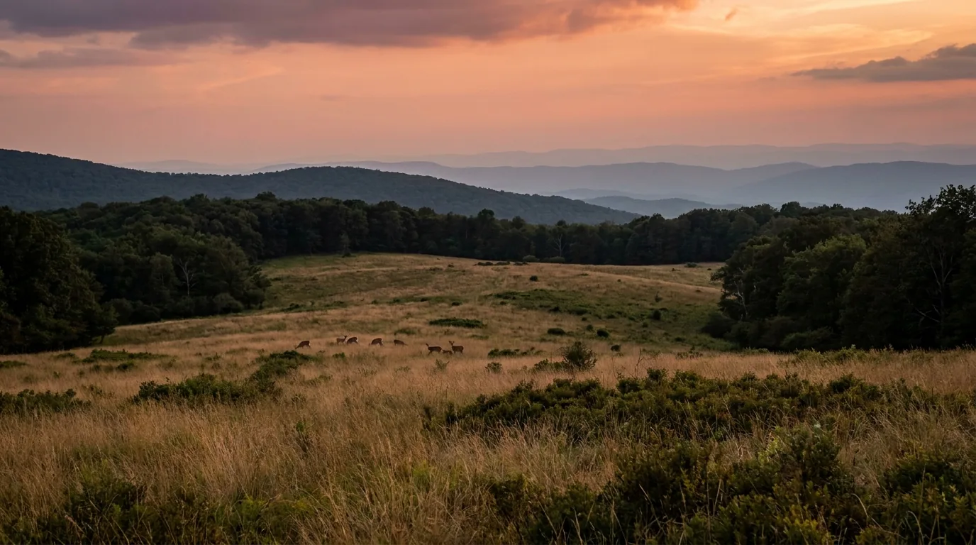 A wide open highland grass meadow ringed by forest at dusk with golden grasses, white-tailed deer grazing in the distance and hazy layered blue ridgelines beyond, Big Meadows Shenandoah National Park Virginia, ultrarealistic photograph representative of the region