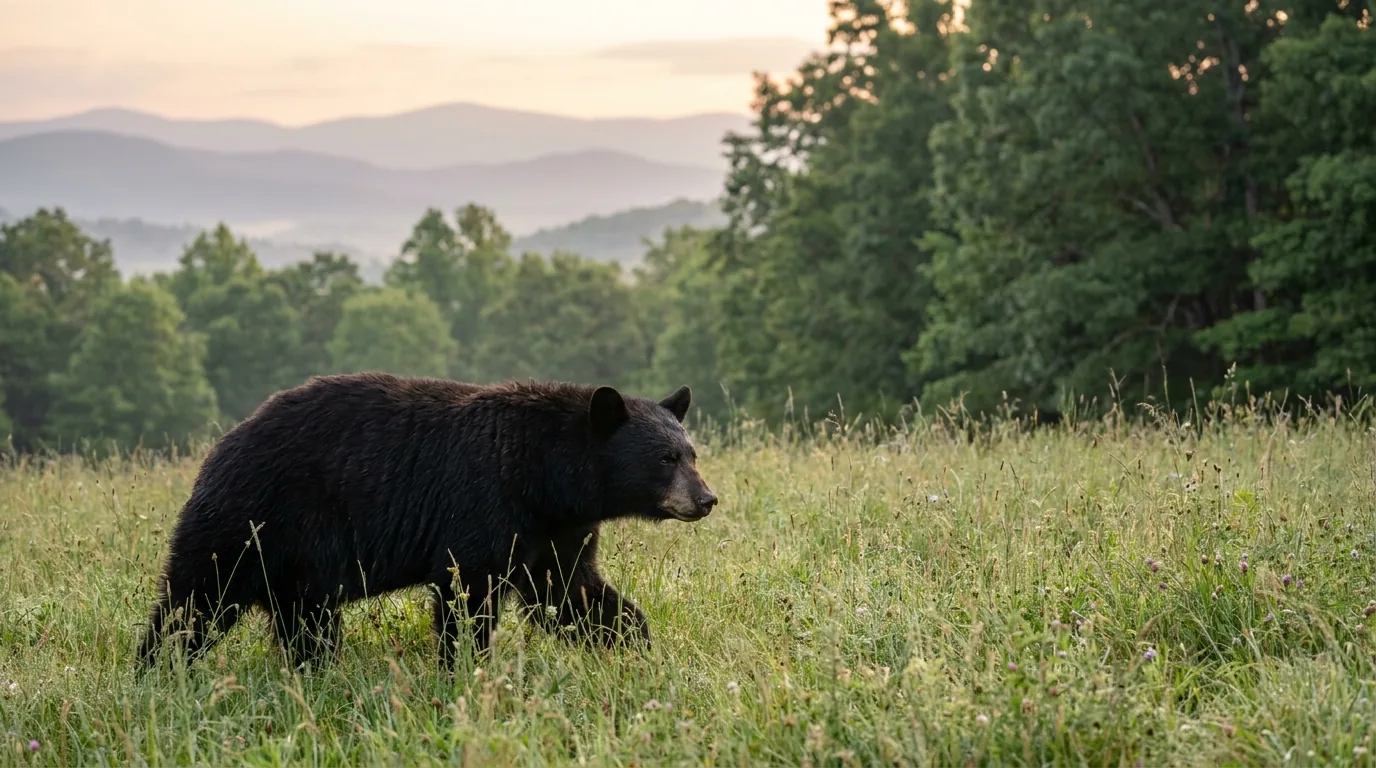 An American black bear walking through tall meadow grass at the edge of hardwood forest in soft early morning light, photographed at a respectful distance with telephoto compression, Shenandoah National Park Virginia, ultrarealistic photograph representative of the region
