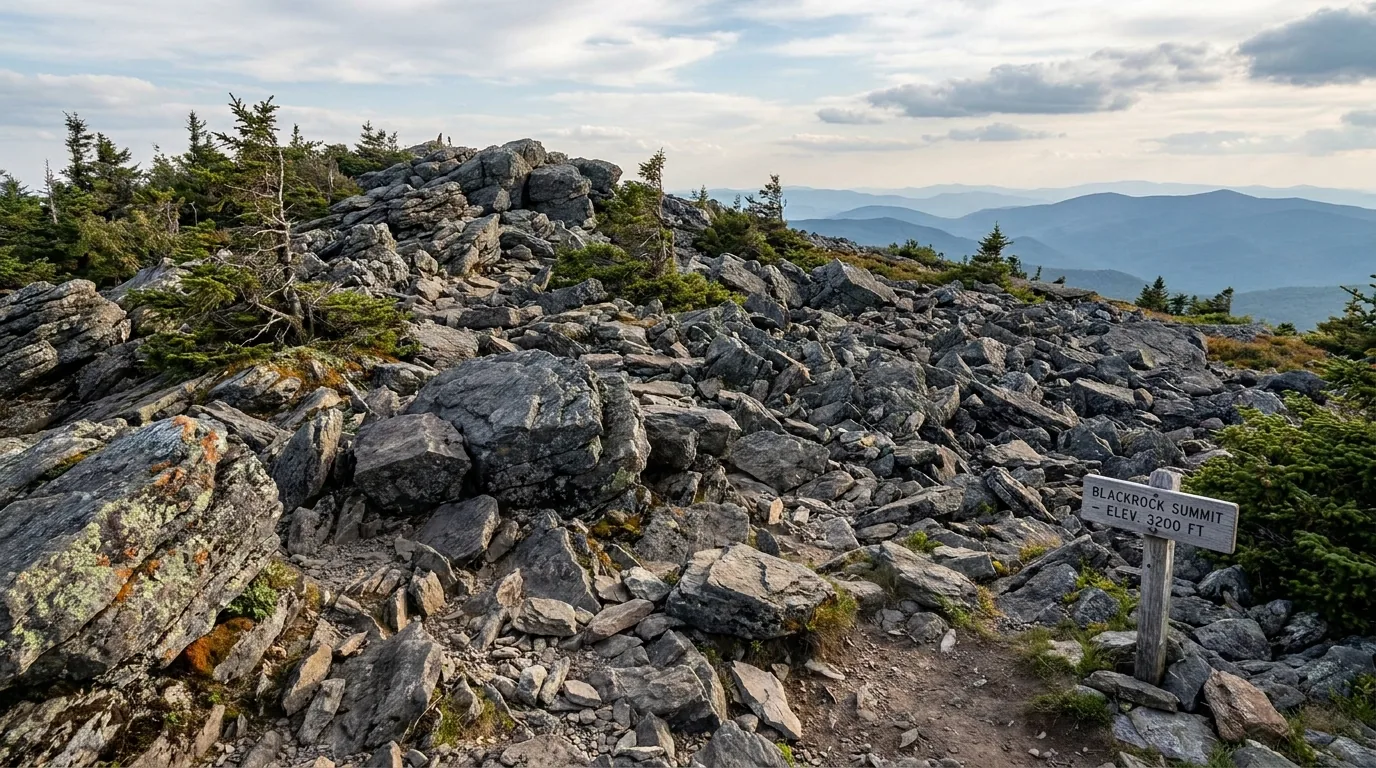 A vast talus boulder field of angular grey quartzite blocks spilling across an open summit with scattered stunted pines and lichen and a wide view over hazy layered blue ridgelines, Blackrock Summit Shenandoah National Park Virginia, ultrarealistic photograph representative of the region