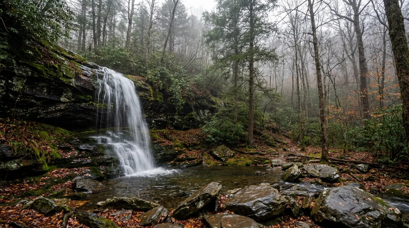 A seventy-foot cascading waterfall dropping over dark wet greenstone ledges into a mossy hemlock and hardwood hollow with wet slick rock and fallen leaves, Dark Hollow Falls Shenandoah National Park Virginia, ultrarealistic photograph representative of the region