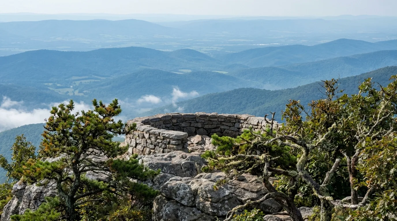 A rocky four-thousand-foot summit with a low stone observation platform and a 360-degree panorama over the Shenandoah Valley and endless hazy blue ridgelines, windswept stunted trees and lichen-covered rock, Hawksbill Shenandoah National Park Virginia, ultrarealistic photograph representative of the region