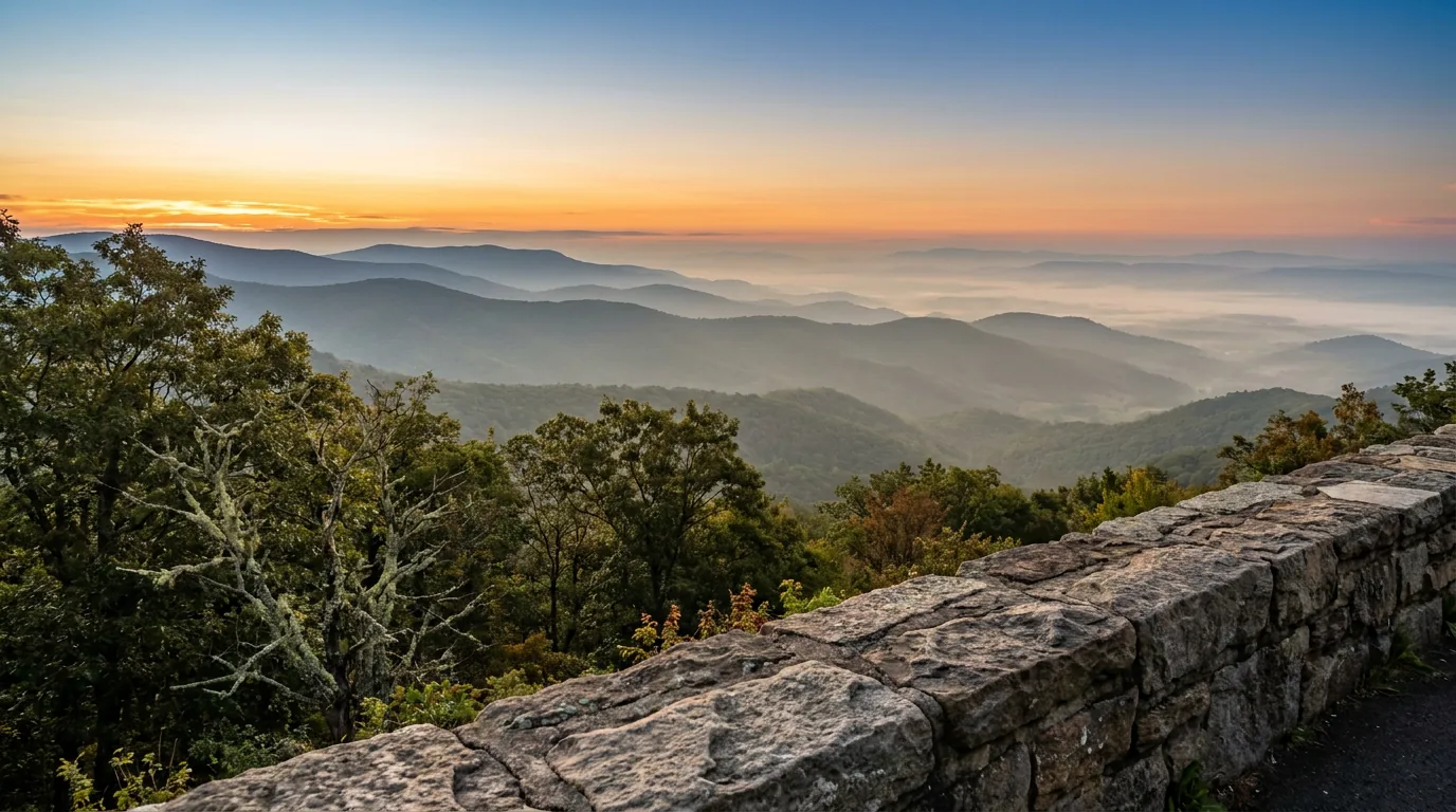 A stone-walled Skyline Drive overlook at dawn with layered blue ridgelines receding into hazy valley fog far below, oak-hickory forest in the foreground, Shenandoah National Park Virginia, ultrarealistic photograph representative of the region