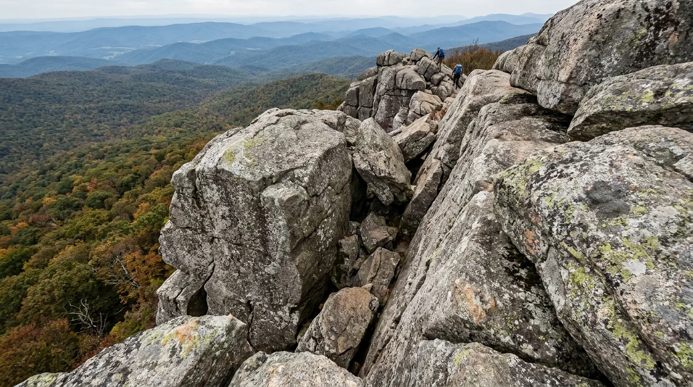 A granite rock scramble along an exposed mountain ridge with huge angular boulders and a narrow rock chute above big drop-offs, two hikers small in the distance on the rock and hazy layered blue ridgelines beyond, Old Rag Mountain Shenandoah National Park Virginia, ultrarealistic photograph representative of the region
