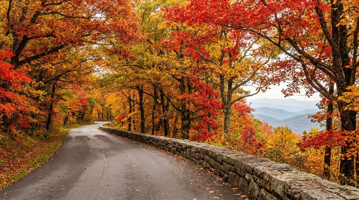 A narrow two-lane ridgetop parkway curving through brilliant peak autumn hardwood forest with scarlet and gold oak and maple canopy arching over the road and a low stone guardwall on the outside edge, Skyline Drive Shenandoah National Park Virginia, ultrarealistic photograph representative of the region