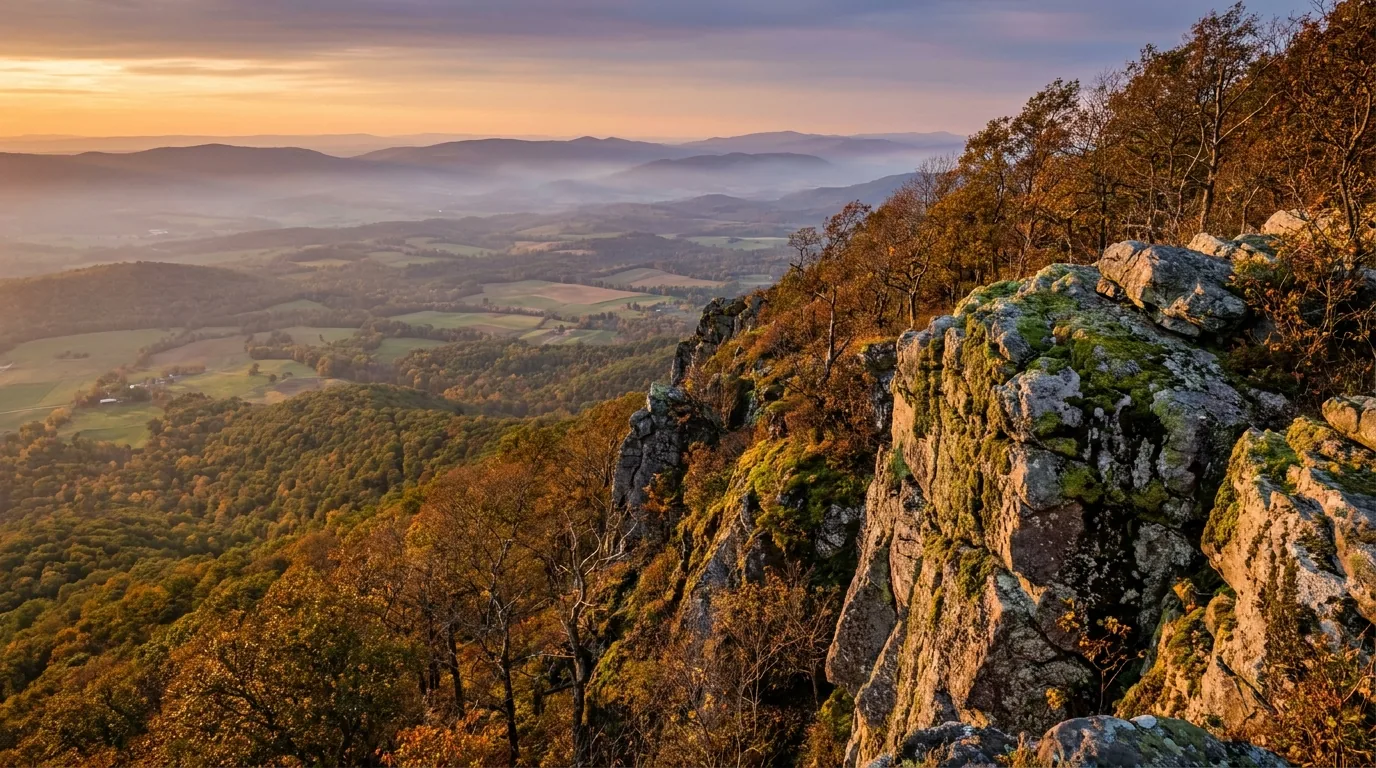 A rocky greenstone cliff outcrop at golden hour overlooking the Shenandoah Valley far below with warm sidelight on the rock and layered hazy blue ridges to the horizon, Stony Man Shenandoah National Park Virginia, ultrarealistic photograph representative of the region