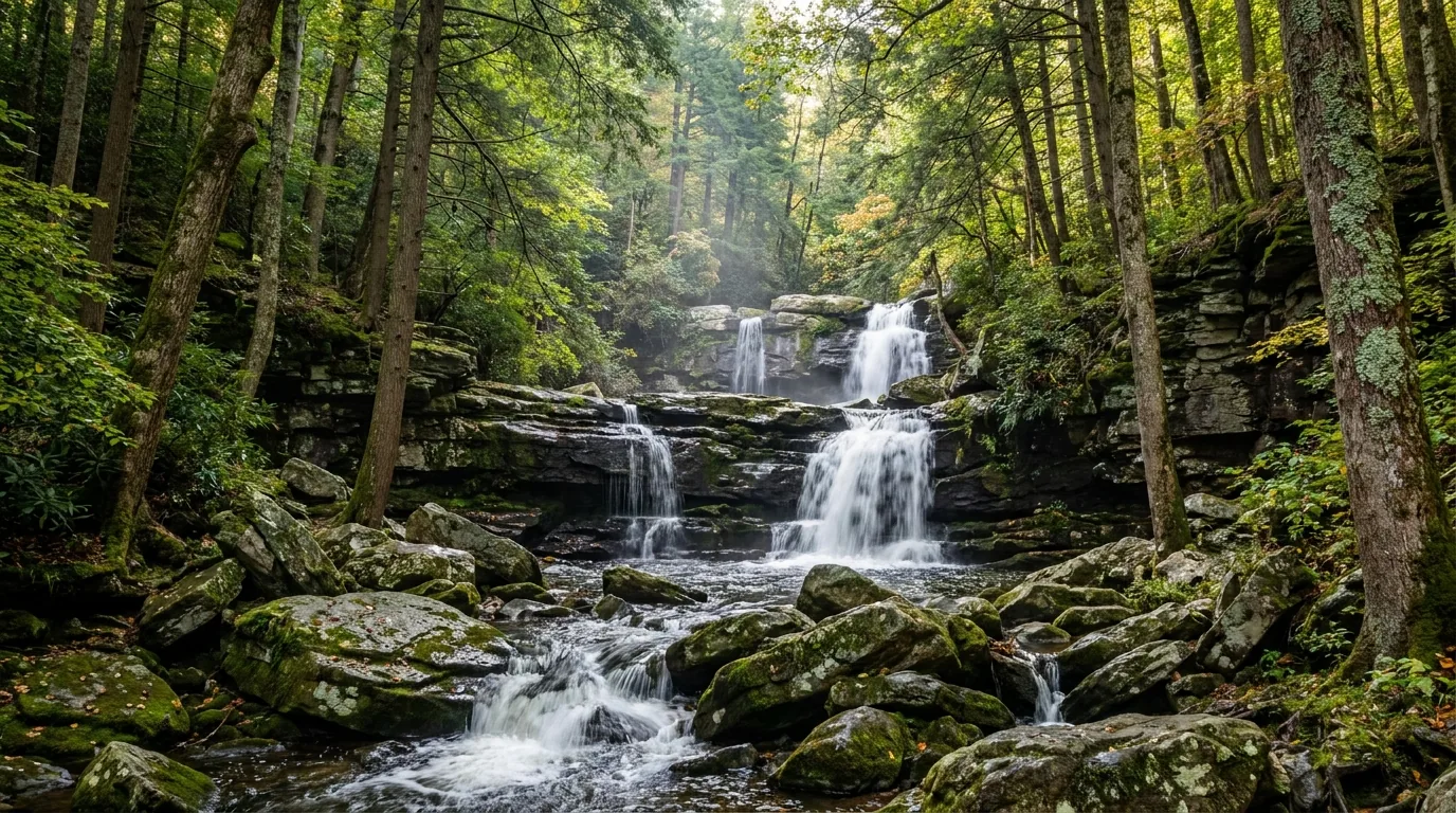 A deep forested canyon with a tall multi-tiered waterfall pouring over stacked rock ledges into a boulder-strewn stream, tall hemlock and tulip poplar and mossy wet rock, Whiteoak Canyon Shenandoah National Park Virginia, ultrarealistic photograph representative of the region