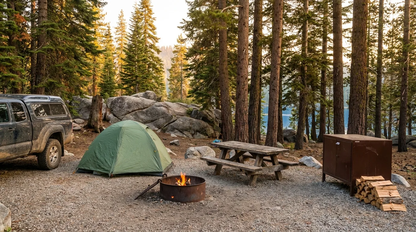 A forest campsite in a Sierra Nevada national forest campground at about seven thousand feet with a dome tent and pickup truck on a gravel pad among tall red fir and lodgepole pine, a metal fire ring, picnic table and bear-resistant food locker, with blue lake water visible through the trunks, Sierra National Forest California, ultrarealistic photograph representative of the region