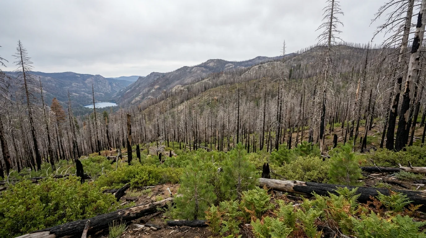 A vast wildfire burn scar on a Sierra Nevada mountainside several years after a severe fire, thousands of standing dead conifers with bare silvered and charcoal trunks over ridge after ridge with a bright green understory of young shrubs and seedling pines between them, Sierra National Forest California, ultrarealistic photograph representative of the region