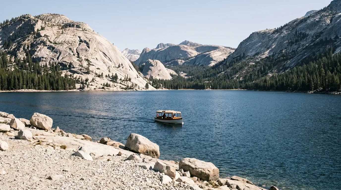 A high granite-rimmed reservoir at about seven thousand three hundred feet with a small open passenger ferry crossing blue water toward a distant landing, bare pale granite domes and a rocky drawn-down shoreline, Florence Lake Sierra National Forest California, ultrarealistic photograph representative of the region