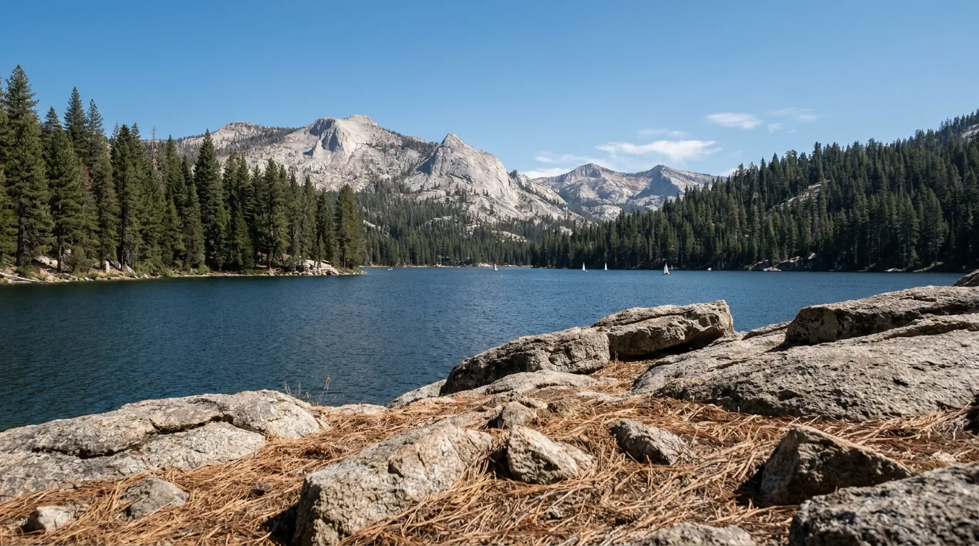 A long deep-blue alpine reservoir at about seven thousand feet ringed by dense red fir and lodgepole pine with a bare granite ridge behind and small sailboats far out on the water, Huntington Lake Sierra National Forest California, ultrarealistic photograph representative of the region