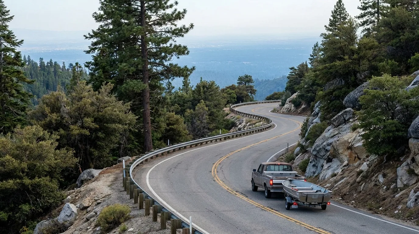 A two-lane mountain highway climbing through a long sweeping curve on a steep forested slope with ponderosa pine and manzanita and granite outcrops, a hazy Central Valley far below and a pickup truck towing a small boat trailer, California Highway 168 above Clovis, ultrarealistic photograph representative of the region