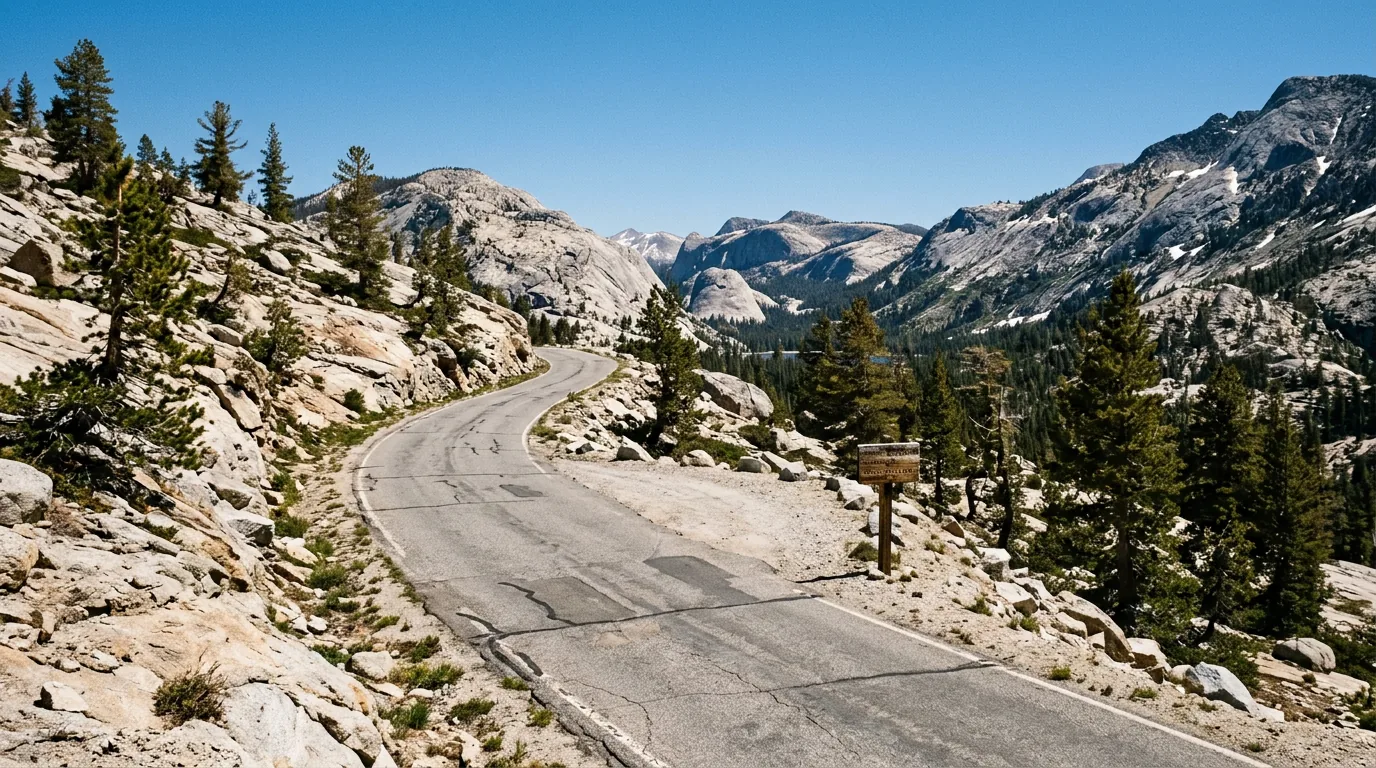 A narrow single-lane paved mountain road with no centre line winding across open granite slabs past stunted lodgepole pines at about nine thousand feet, a small gravel turnout cut into the rock and granite domes and snow patches in the distance, Kaiser Pass Road Sierra National Forest California, ultrarealistic photograph representative of the region