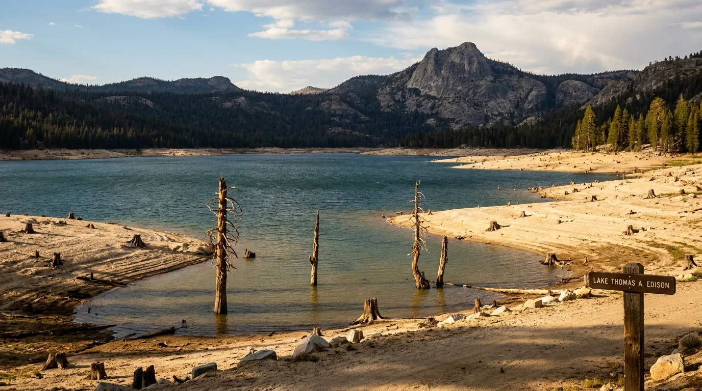 A High Sierra reservoir drawn down well below its high-water line exposing a wide pale band of bare granite sand and stumps, dark blue water and forested ridges behind with weathered pine snags in the shallows, Lake Thomas A. Edison Sierra National Forest California, ultrarealistic photograph representative of the region