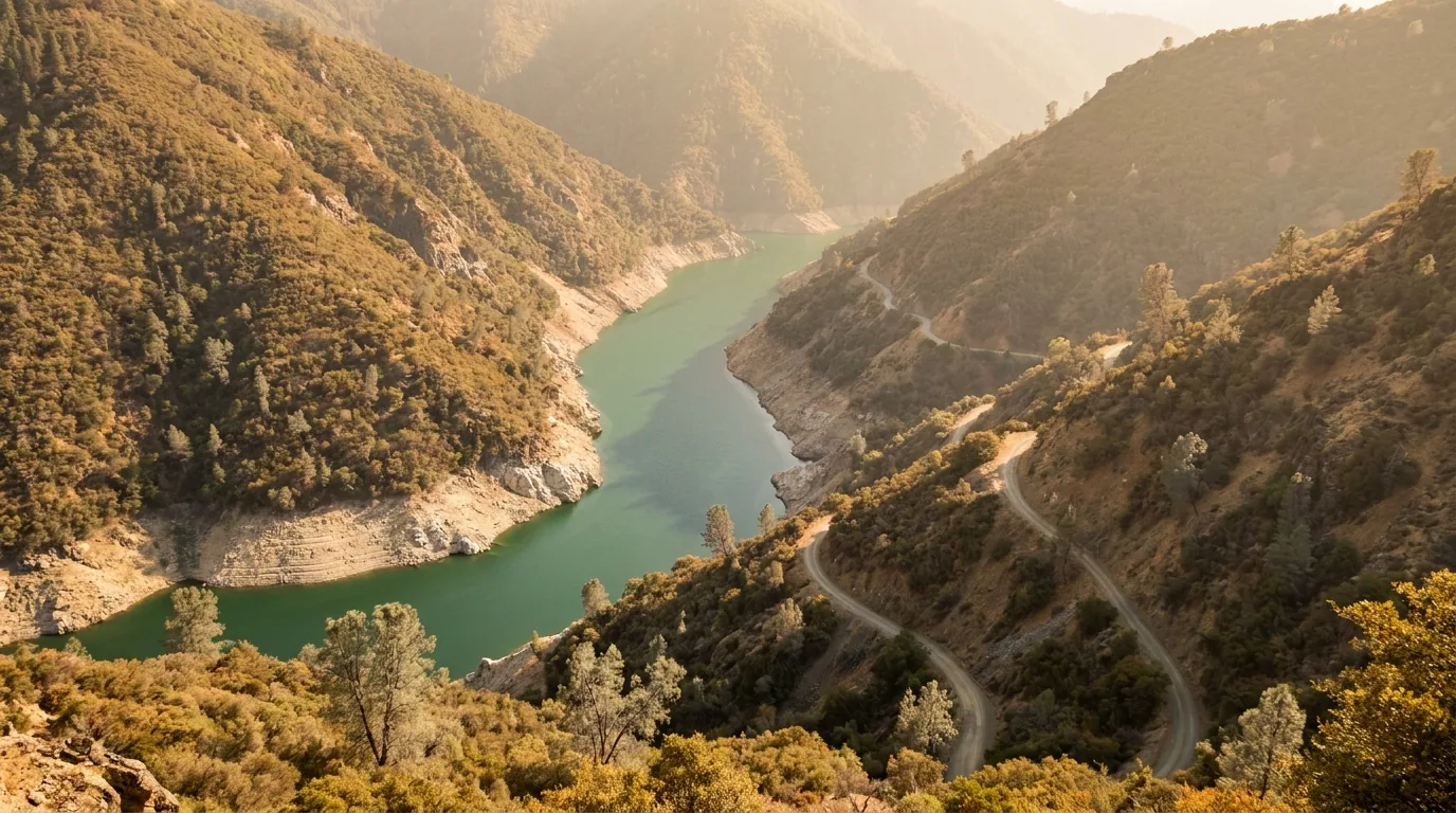 A long narrow reservoir deep in a steep dry river canyon in the western Sierra Nevada seen from high on the rim, green-blue water far below with steep brushy chaparral slopes, a pale bathtub ring above the waterline and a thin dirt road switchbacking down the far wall, Mammoth Pool Reservoir Sierra National Forest California, ultrarealistic photograph representative of the region