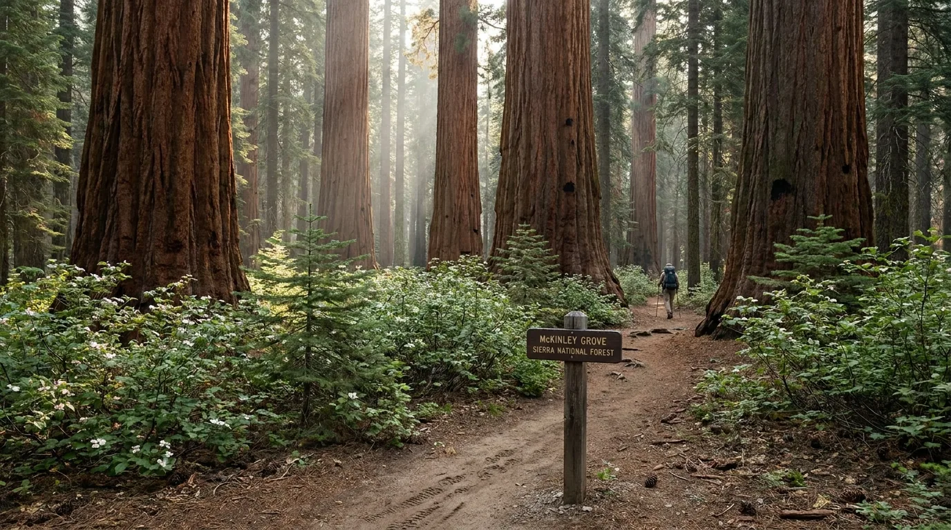 A small quiet grove of giant sequoia trees in a mid-elevation Sierra Nevada forest with massive cinnamon-red fluted trunks rising out of dogwood and young white fir, a narrow footpath and a low interpretive sign in deep forest shade, McKinley Grove Sierra National Forest California, ultrarealistic photograph representative of the region