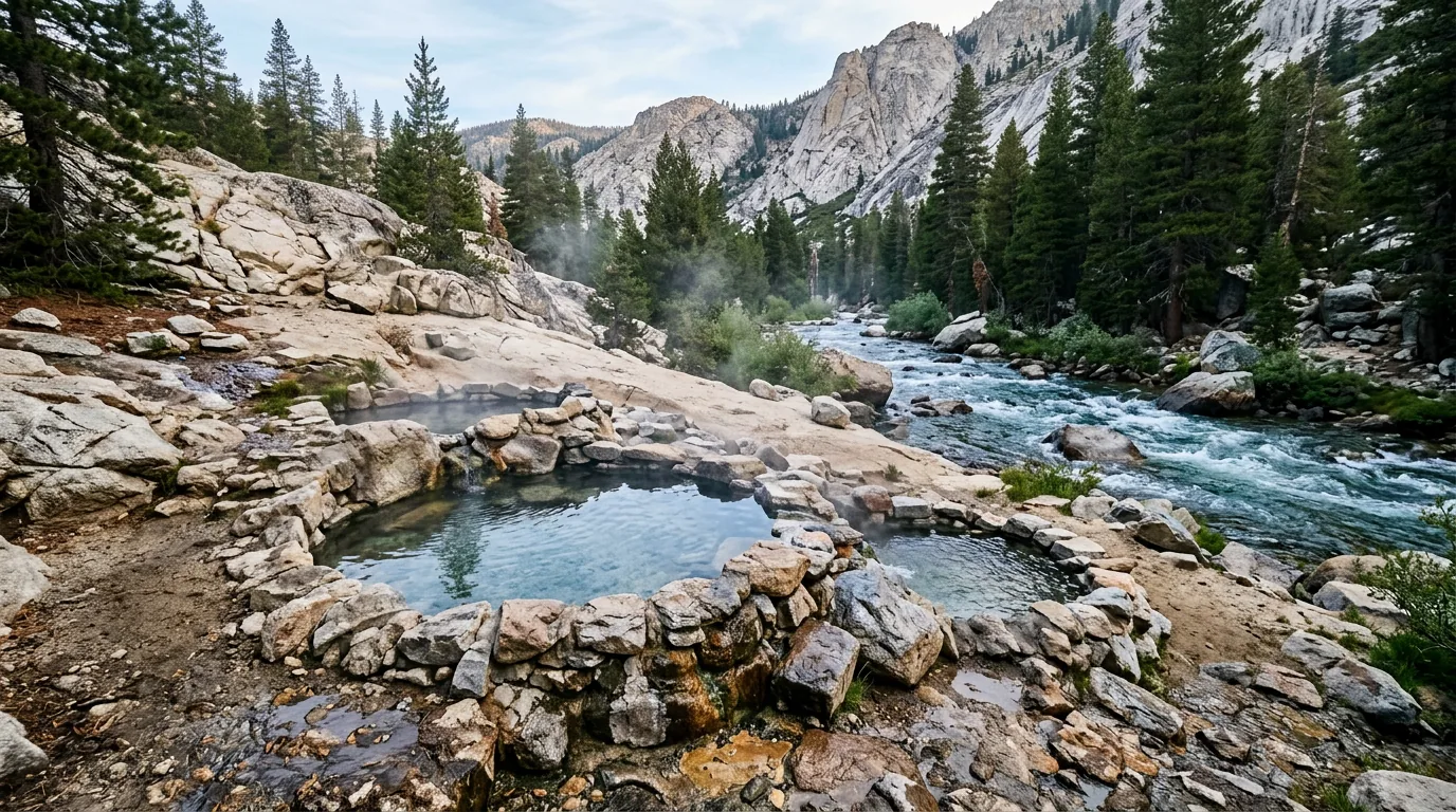 Small natural hot spring soaking pools of clear warm water rimmed with stacked river rock on a granite and sand bench beside a cold rushing snowmelt river in a High Sierra canyon with lodgepole pines and pale granite slopes, Mono Hot Springs Sierra National Forest California, ultrarealistic photograph representative of the region