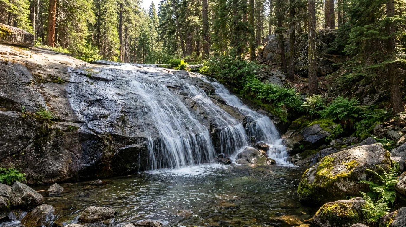 A wide granite-slab waterfall in a Sierra Nevada forest, a creek fanning down a broad polished granite apron in multiple silver threads into a clear pool surrounded by red fir and lodgepole pine and green ferns, Rancheria Falls near Huntington Lake Sierra National Forest California, ultrarealistic photograph representative of the region