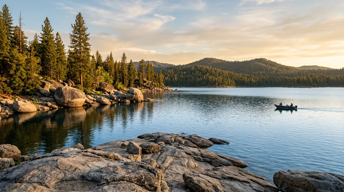 A calm blue mountain reservoir in golden evening light with rounded granite boulders and slabs along the shoreline, tall ponderosa and jeffrey pines and a low forested ridge across the water, Shaver Lake Sierra National Forest California, ultrarealistic photograph representative of the region