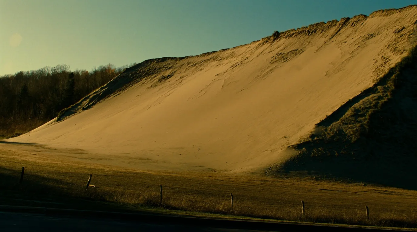 A steep wall of pale sand rising directly from a car park with small figures climbing partway up and marram grass at the edges, blue sky above, Sleeping Bear Dunes Michigan, ultrarealistic photograph representative of the region