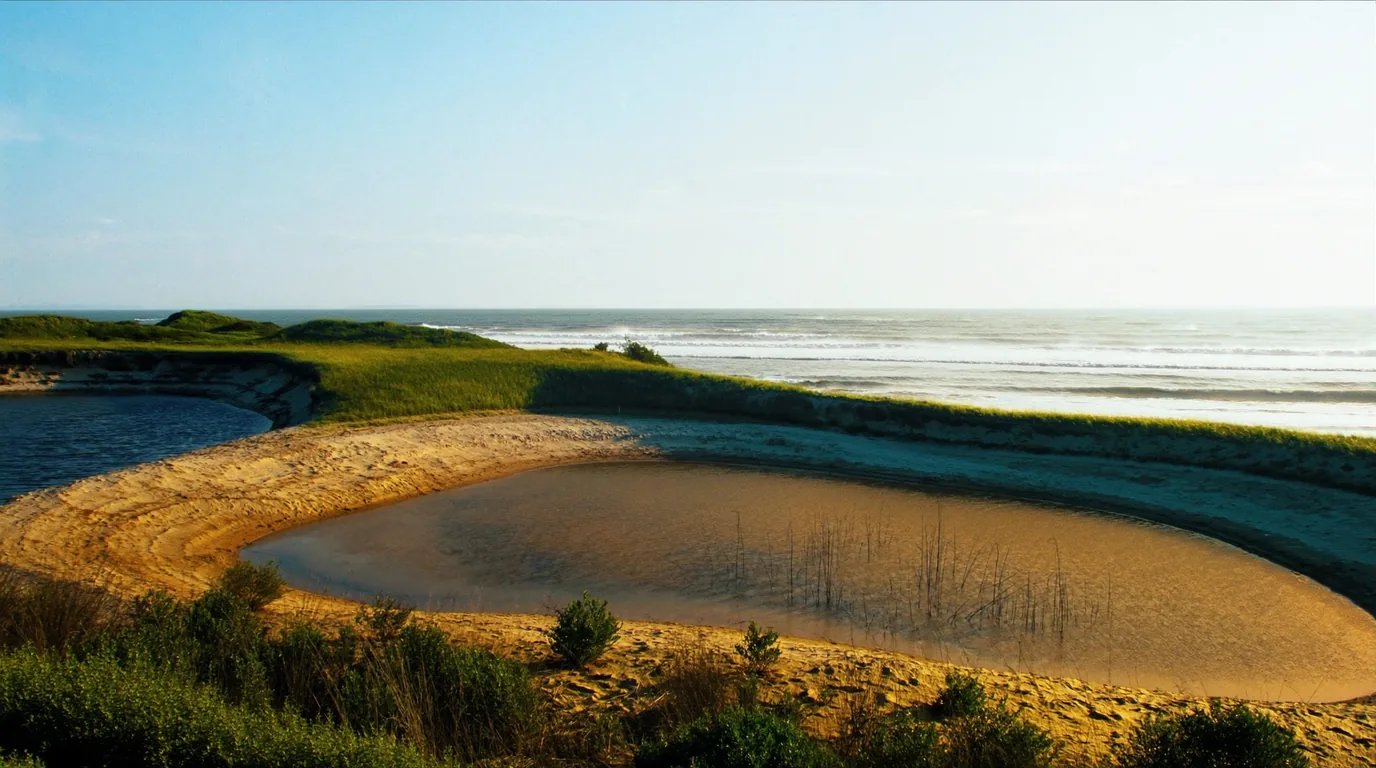 A small quiet lake held between wooded dune ridges with still reflective water, sand and pine on the banks and no development, Sleeping Bear Dunes Michigan, ultrarealistic photograph representative of the region