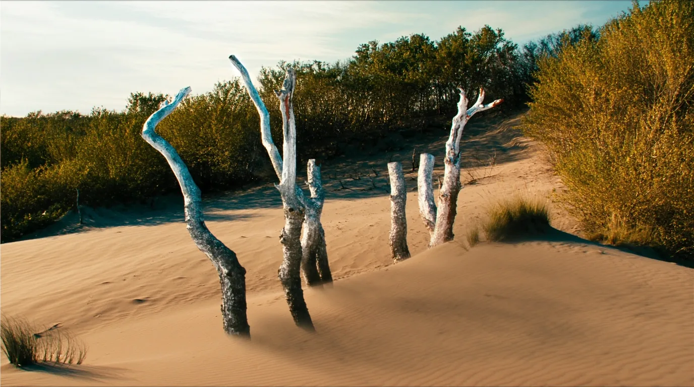 Bleached bare tree stumps and dead trunks standing upright in open pale dune sand, buried and later uncovered by moving dunes, sparse grass and blue sky, Sleeping Bear Dunes Michigan, ultrarealistic photograph representative of the region
