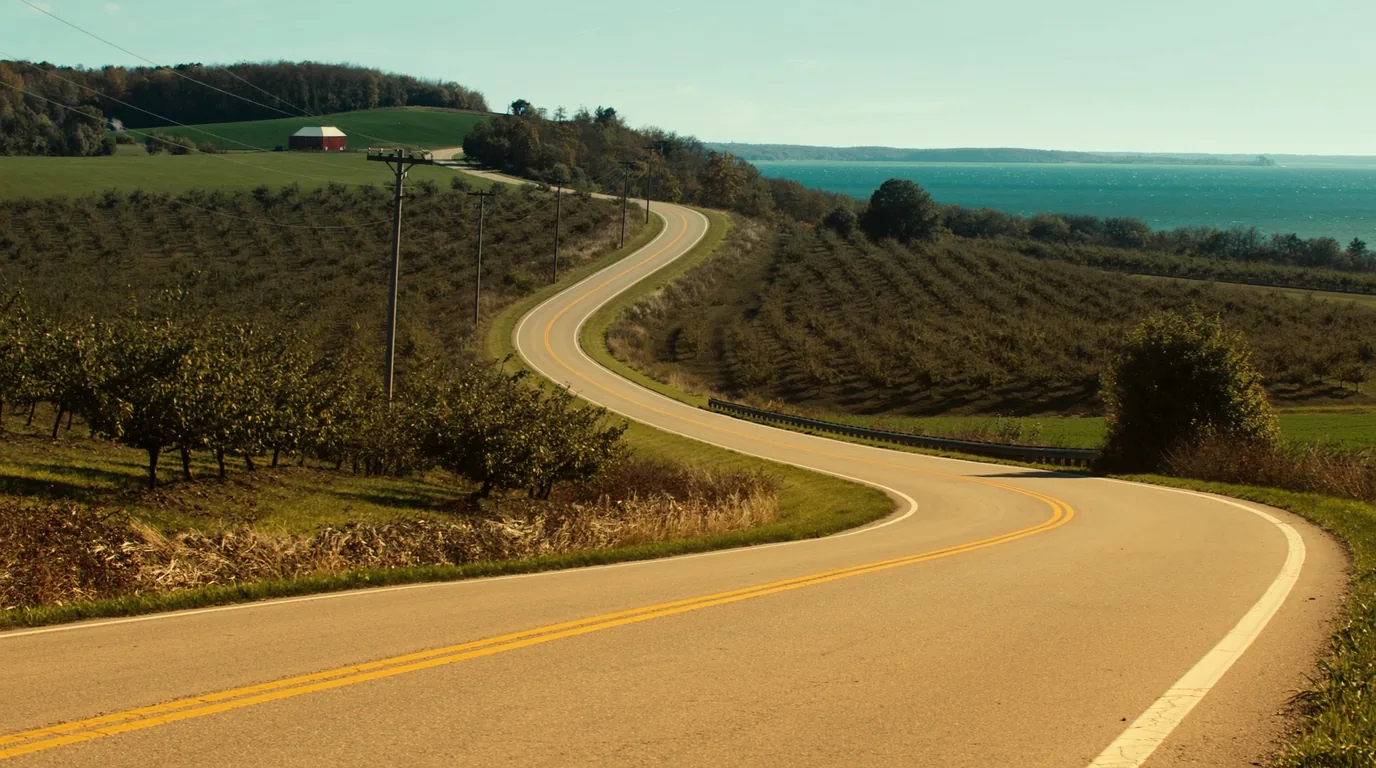 Rows of cherry orchards on rolling farmland above a blue lake in early summer with green hills, farm buildings and distant water, Leelanau Peninsula Michigan, ultrarealistic photograph representative of the region