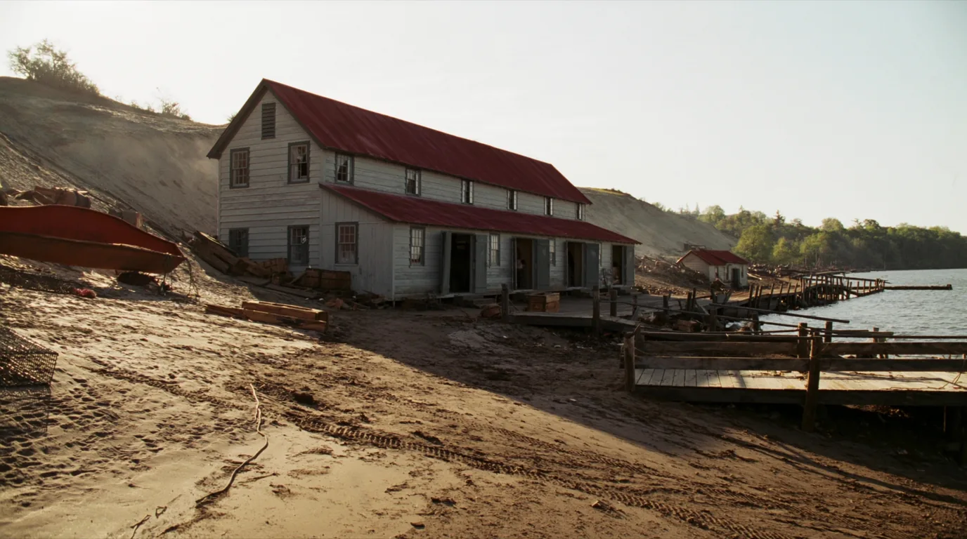 Weathered wooden buildings of a preserved Great Lakes maritime village with a boathouse, a pier and grey clapboard walls under a wide sky beside cold blue water, northern Michigan, ultrarealistic photograph representative of the region
