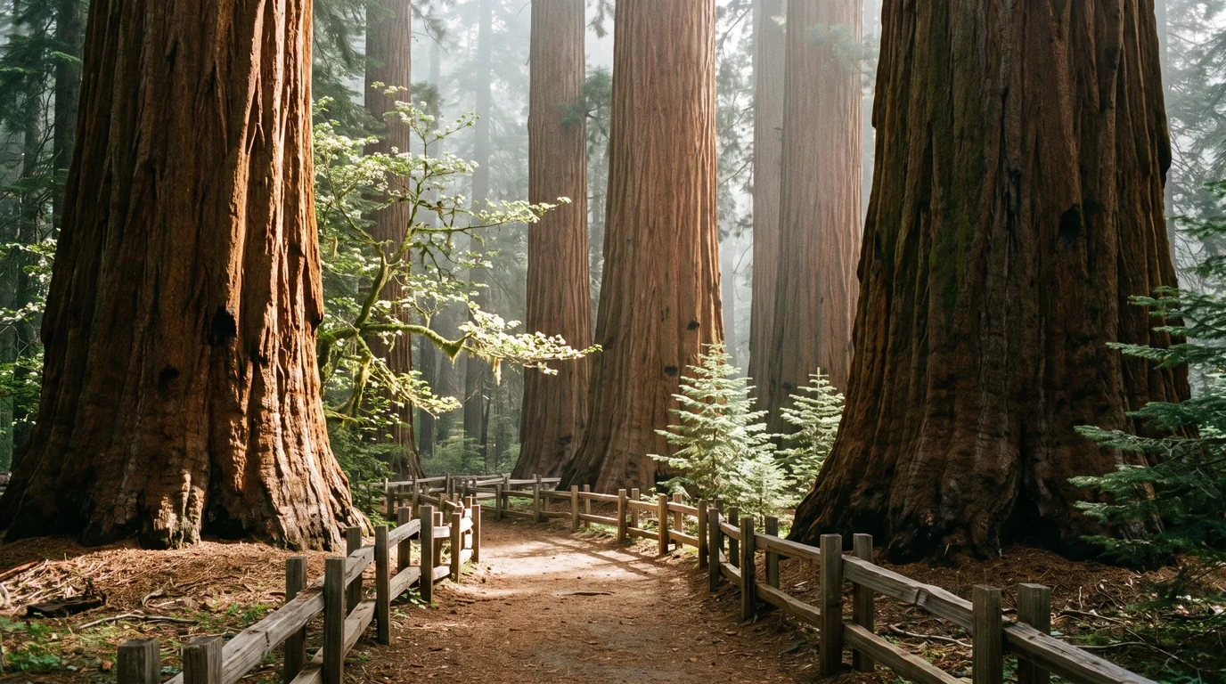 Enormous cinnamon-red fluted giant sequoia trunks rising beyond the top of the frame with a soft duff trail and low wooden split-rail barrier winding between them, dogwood understory and shafts of morning sun through canopy haze, Calaveras Big Trees State Park California, ultrarealistic photograph representative of the region