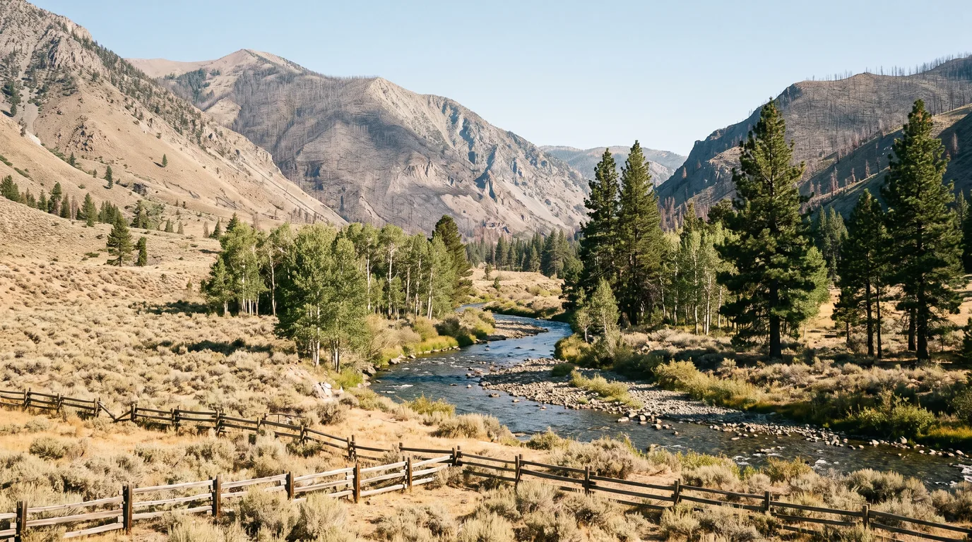 A clear cobbled river running through a dry open valley of sagebrush and grass with groves of aspen and Jeffrey pine along the banks and low ranch fencing, steep tan and grey mountainsides with patches of grey fire-killed timber on the upper slopes, East Fork Carson River near Markleeville California, ultrarealistic photograph representative of the region