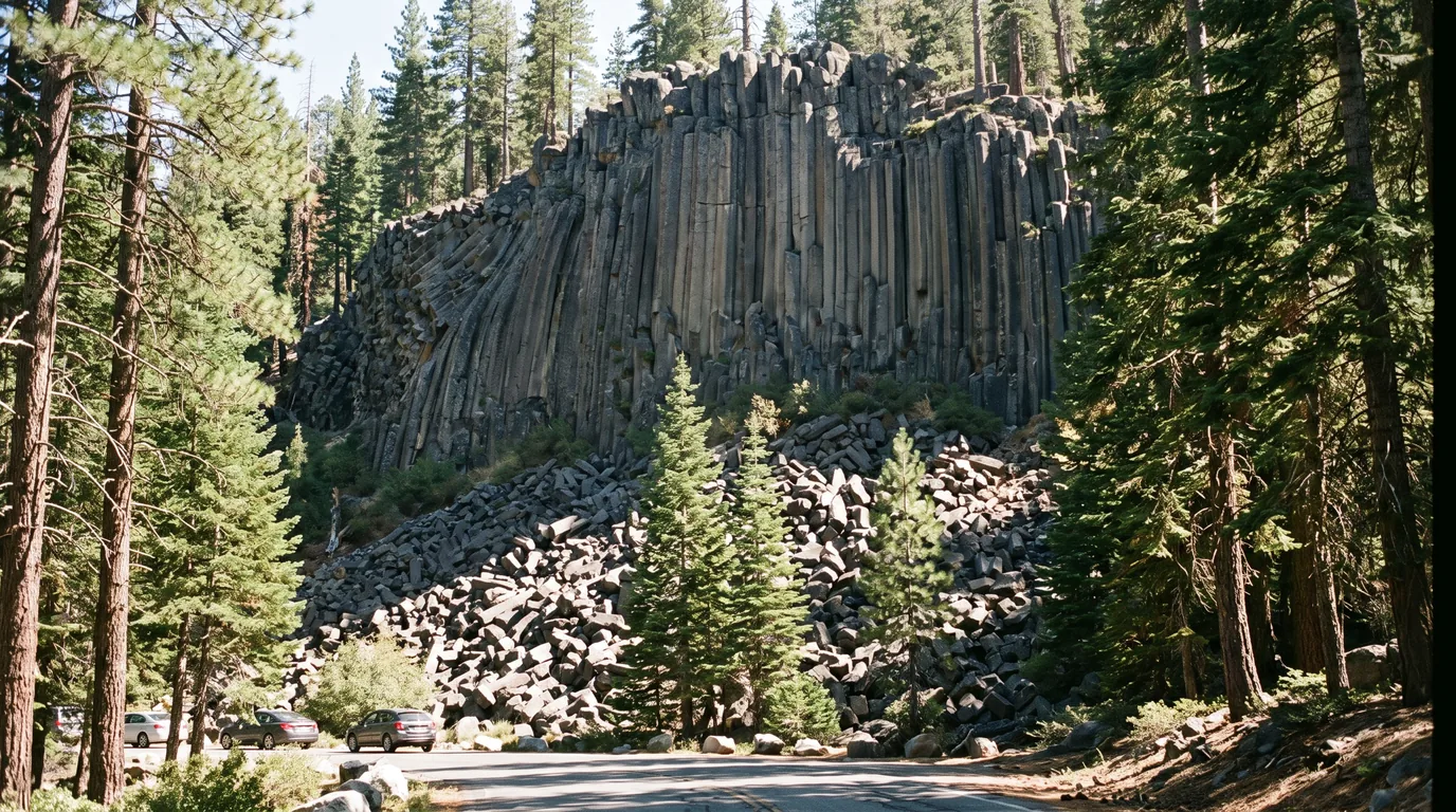 A tall cliff face of hexagonal columnar-jointed dark grey basalt rising vertically like a bundle of stone pillars with a jumbled talus apron of broken column fragments at its base, green conifer forest crowding in on both sides, Columns of the Giants Highway 108 California, ultrarealistic photograph representative of the region