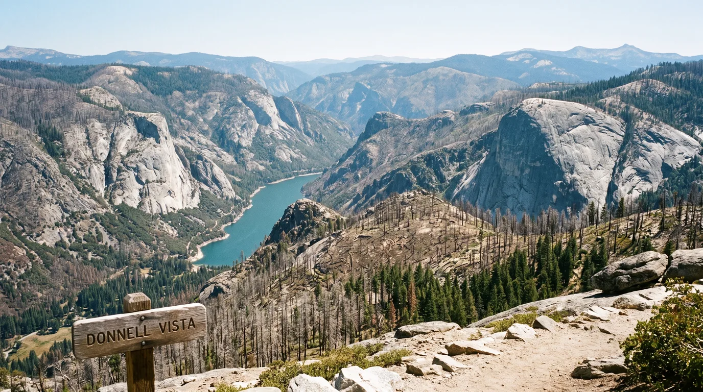 A wide view from an overlook down into a deep granite gorge with a narrow blue-green reservoir far below hemmed by sheer light-grey granite walls, surrounding ridges showing extensive grey standing fire-killed snags and burn scar with patches of green conifer remaining, Donnell Vista Highway 108 California, ultrarealistic photograph representative of the region