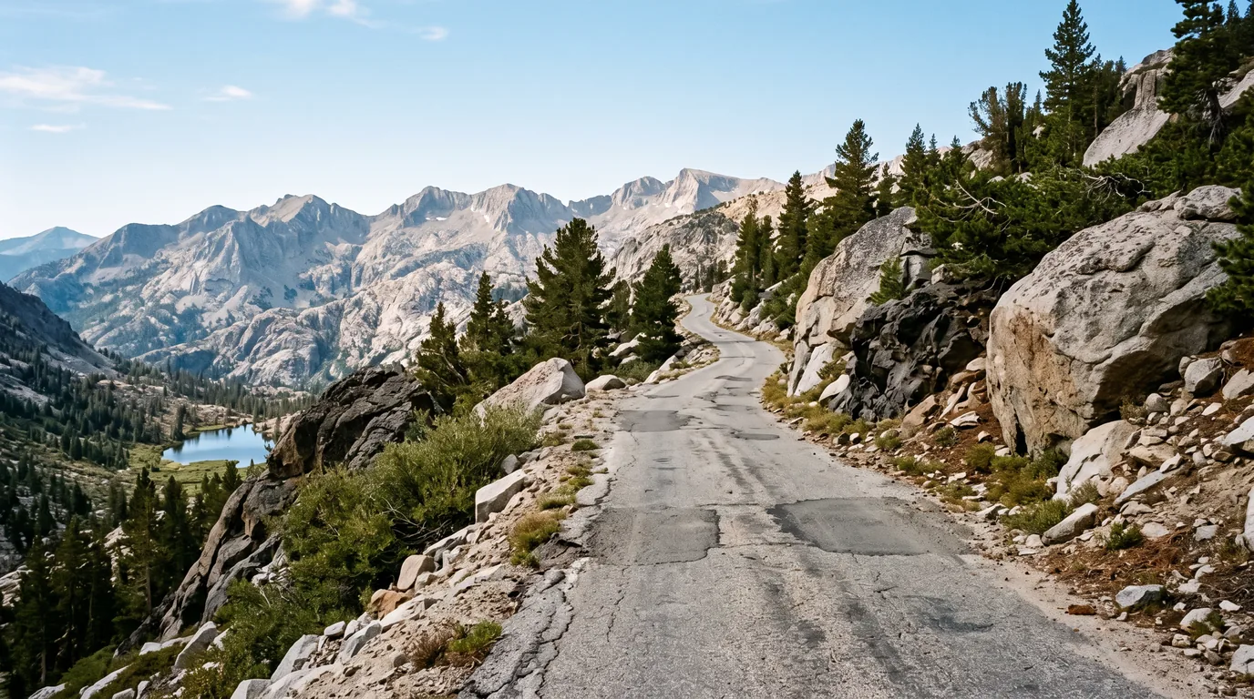 A narrow strip of cracked patched asphalt with no painted centreline winding between rounded granite boulders and dark volcanic outcrops, barely wide enough for one vehicle, no guardrail, scattered lodgepole and hemlock and a small alpine tarn below, Highway 4 near Ebbetts Pass California, ultrarealistic photograph representative of the region
