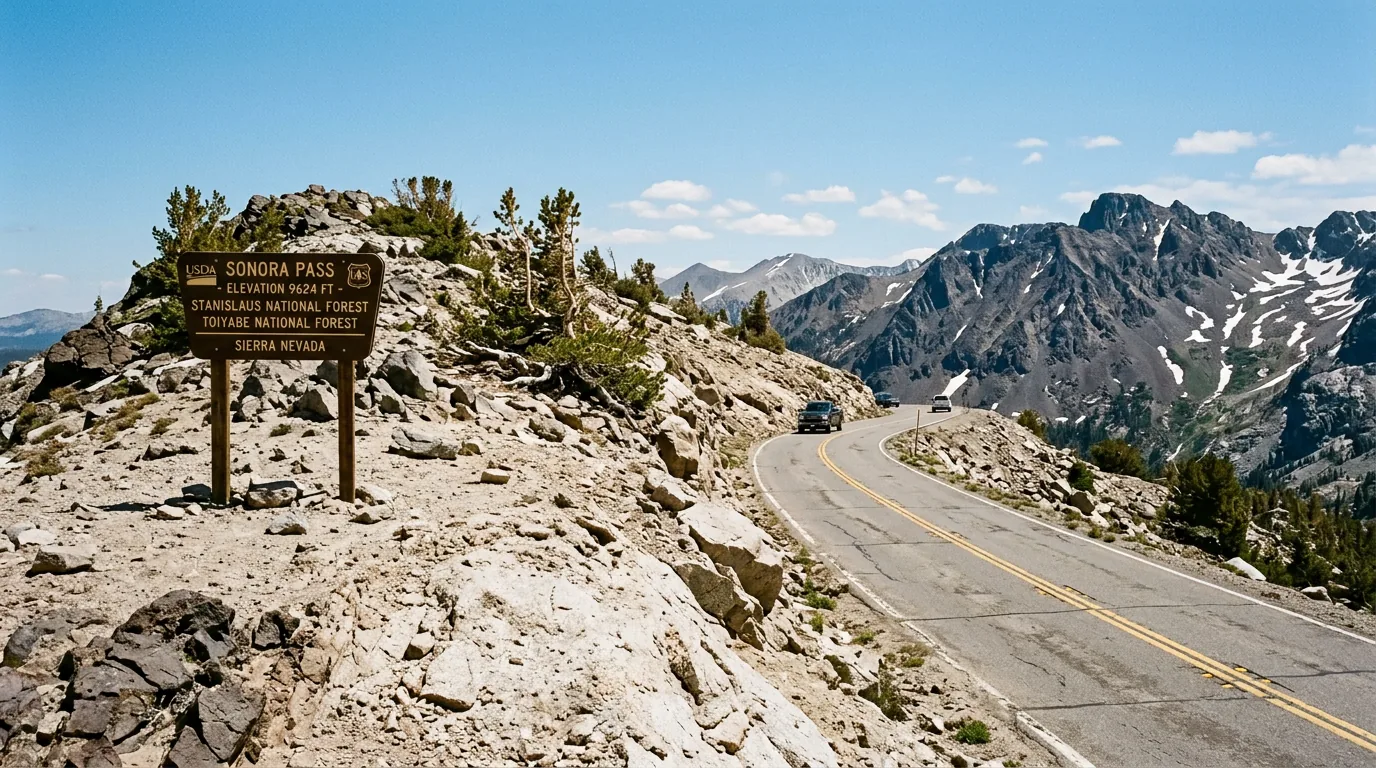 A narrow two-lane highway cresting a bare granite and volcanic saddle above treeline at the summit of Sonora Pass, elevation 9,624 feet, with jagged dark ridgelines and snow-streaked gullies beyond, Highway 108 Sierra Nevada California, ultrarealistic photograph representative of the region