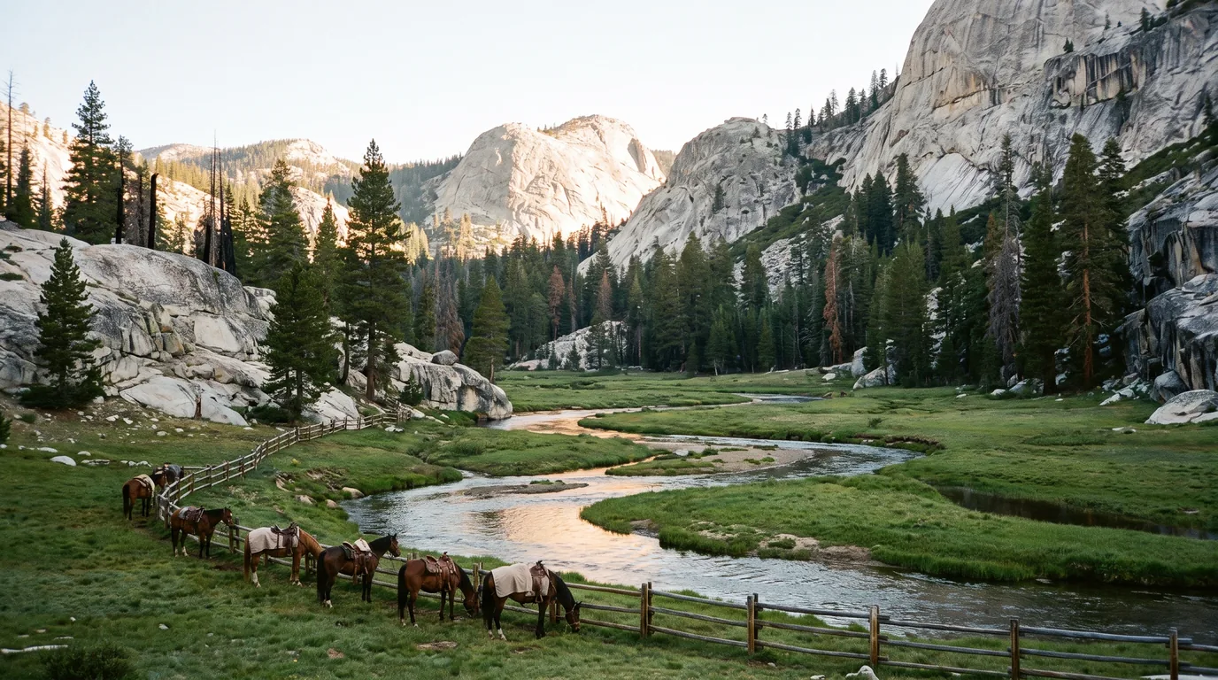 A broad green meadow with a clear braided trout stream winding through it and split-rail fencing, saddle horses grazing, huge pale granite domes and cliffs rising steeply on both sides with dense conifer forest, Kennedy Meadows Highway 108 California, ultrarealistic photograph representative of the region