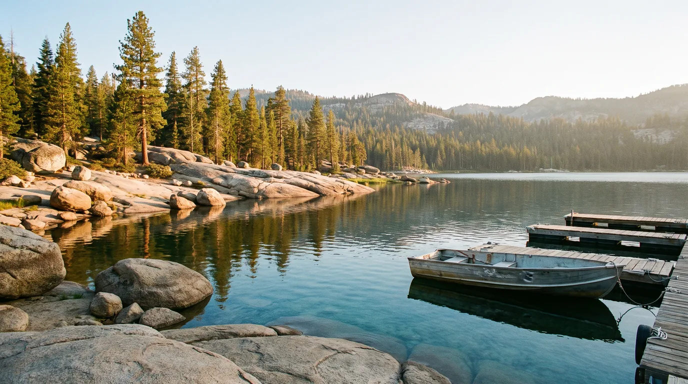 A clear blue-green mountain lake with rounded granite slabs and boulders forming the shoreline, tall Jeffrey and lodgepole pines and red fir crowding the far bank, weathered wooden docks and a small boat, calm water with mirror reflections in warm early-evening light, Lake Alpine Highway 4 California, ultrarealistic photograph representative of the region