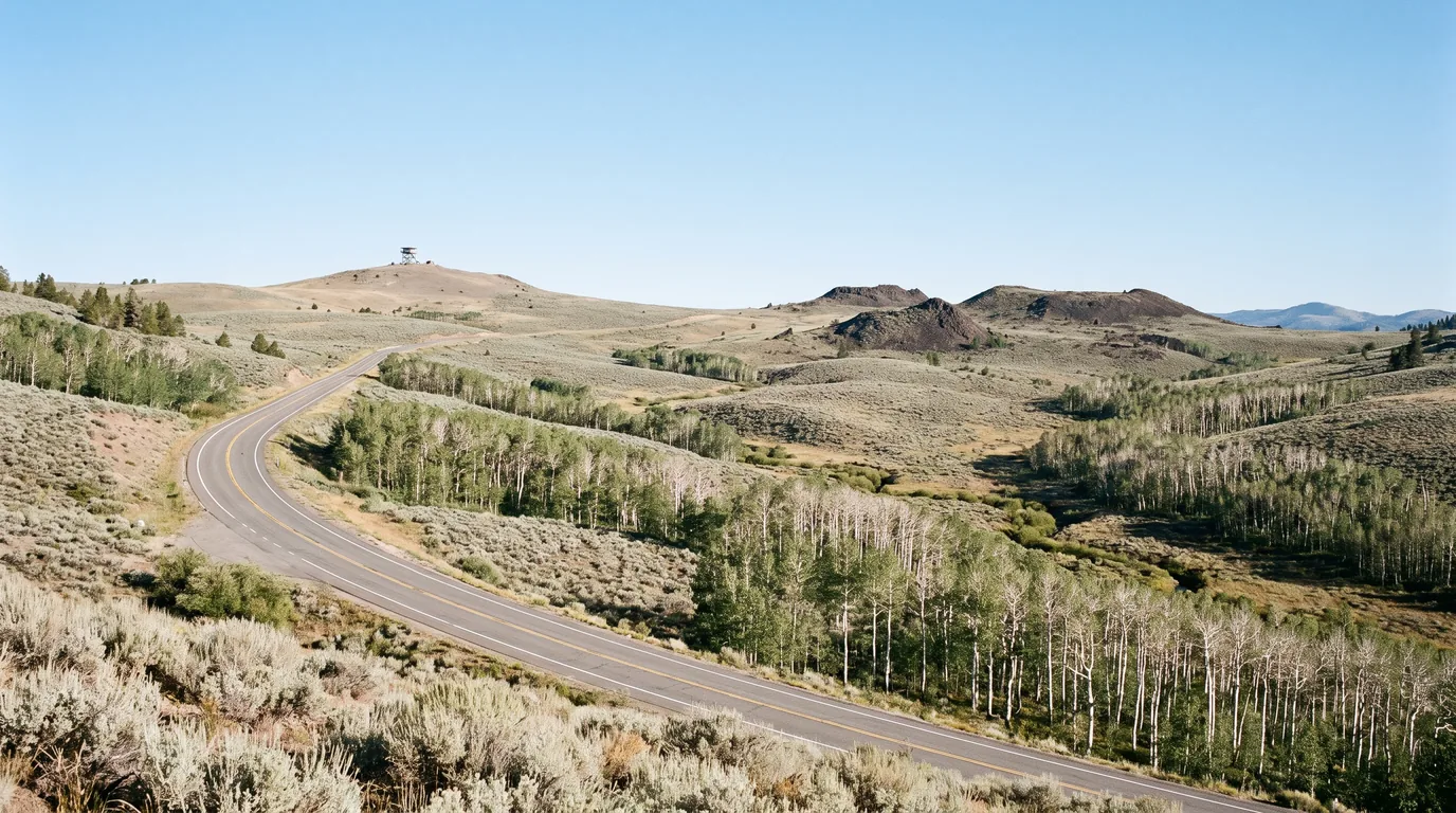 A smooth two-lane highway curving across a broad rolling plateau of silver sagebrush and dry bunchgrass with extensive groves of quaking aspen running down the draws, low volcanic buttes and enormous open sky, Monitor Pass State Route 89 California, ultrarealistic photograph representative of the region