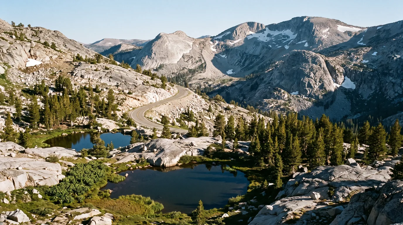 Two small dark alpine tarns ringed with granite slabs and marshy meadow grass with dense stunted lodgepole pine, and a very steep narrow band of asphalt climbing sharply over a rocky rise, glacially polished granite and broken volcanic rock with late-lying snow, Mosquito Lakes and Pacific Grade Summit Highway 4 California, ultrarealistic photograph representative of the region
