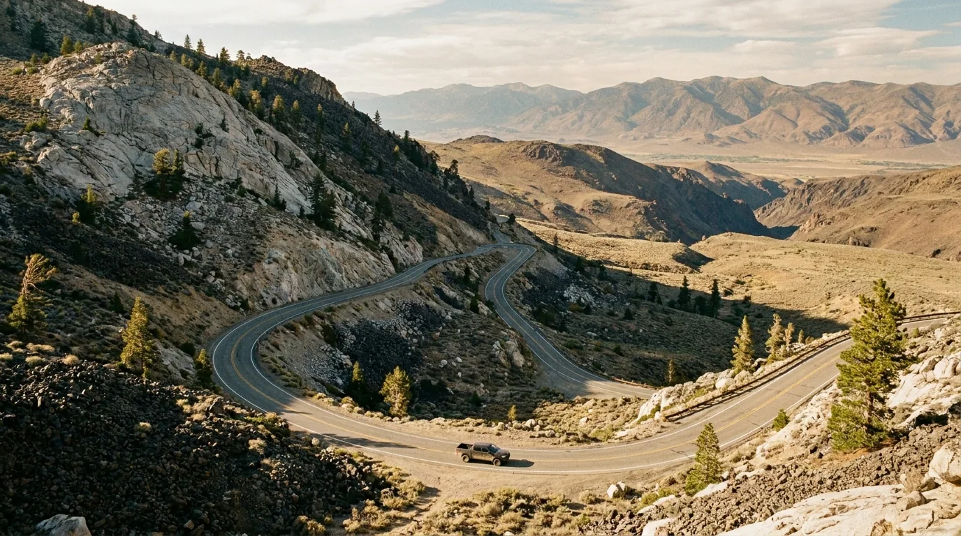 A thin ribbon of two-lane asphalt falling in tight switchbacks down an enormous open slope of pale granite scree and dark volcanic rock toward high sagebrush country far below, the steep eastern descent of Highway 108 from Sonora Pass, Sierra Nevada California, ultrarealistic photograph representative of the region